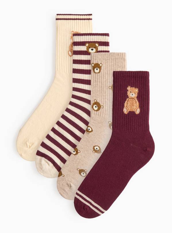 Bear Printed Ankle Socks 4 Pack 4-8